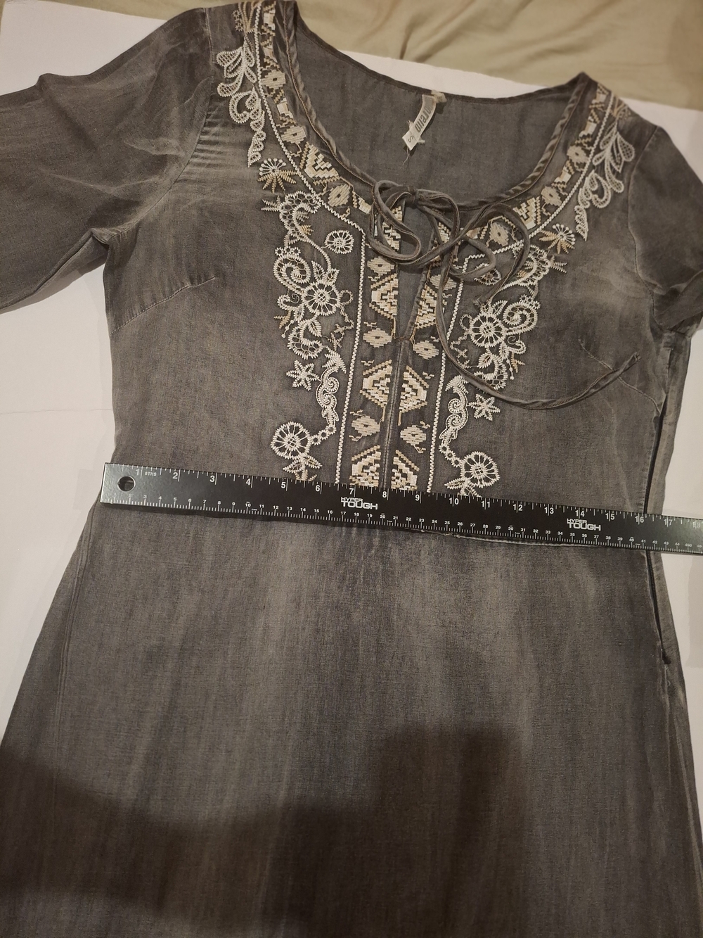 Embroidered Boho Slate Gray Peasant Dress - Picture 13 of 16